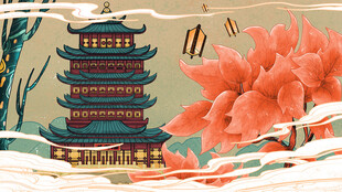国潮景点插画         