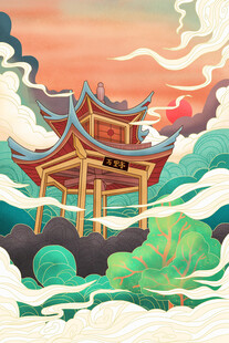 国潮景点插画         
