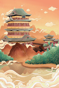 国潮景点插画         