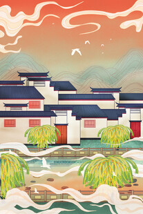 国潮景点插画         