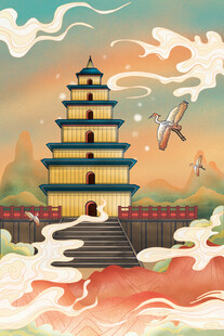 国潮景点插画         