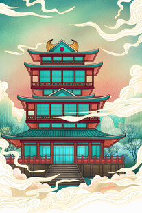 国潮景点插画         