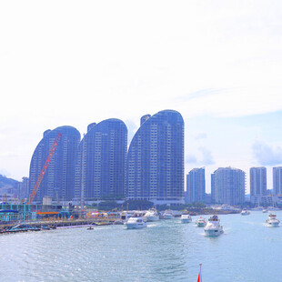 海滨城市高楼与停泊船只