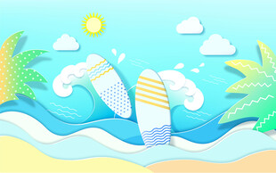 夏日海滩冲浪插画