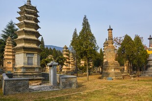 古塔林立的静谧寺院景观