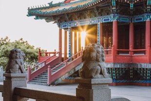 古建庙宇前的石狮子景观
