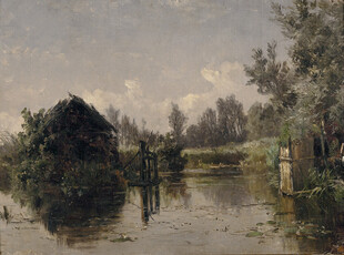 乡村河畔风景油画