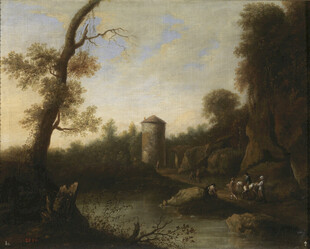 河畔风景油画