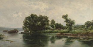 河畔绿树风景油画