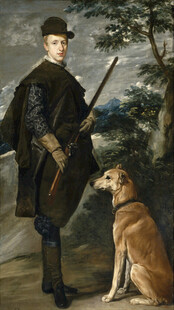 持械男子与蹲坐猎犬画像