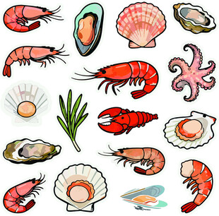 卡通风海鲜虾贝类插画素材