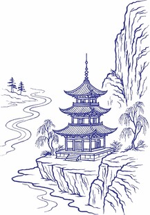 水墨古塔临江图