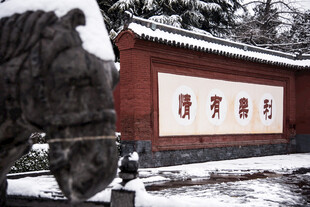 雪中古建前的雕塑