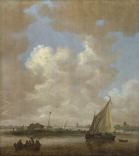 河畔帆船风景油画