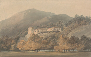 湖畔山峦风景绘画