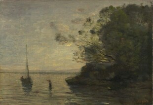 河畔小船风景油画
