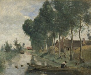 河畔风景油画景色