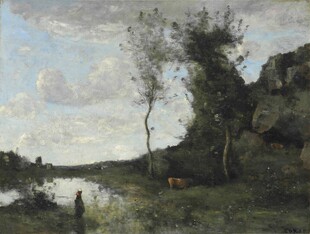 乡村河畔风景油画