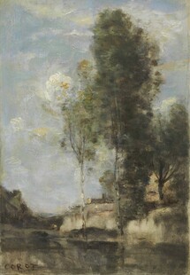 乡村河畔风景油画