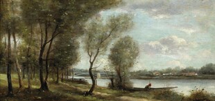 河畔树林风景油画