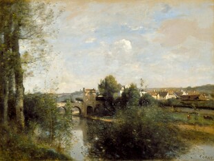 河畔乡村风景油画