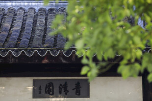 中式屋檐下的绿意与牌匾