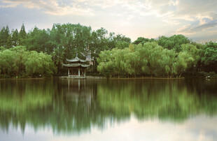 湖畔亭影静谧自然之景
