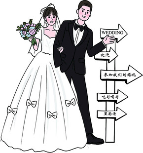 新婚夫妇站在方向牌旁