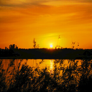 夕阳下的湖畔美景