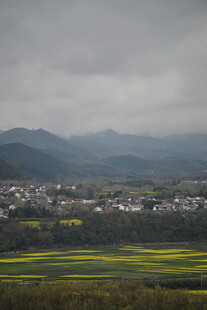 山间油菜花田与村落景观