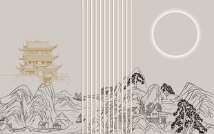 中式山水古建筑插画意境