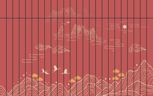 中式红底山水飞鸟装饰图