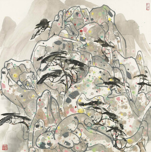 水墨写意群鸟山石图