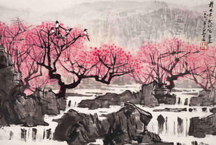 水墨桃花瀑布山水图