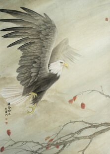 水墨雄鹰展翅于枯枝间