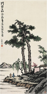水墨山水间的双松景致