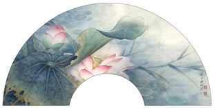 水墨荷花扇形国画作品