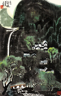 奇幻山谷中的村落与瀑布