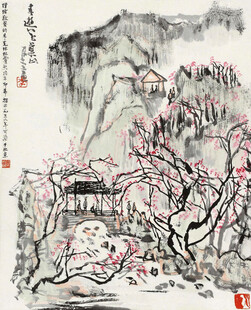 水墨山水间的烂漫花枝