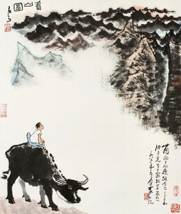 牧童骑牛于山水间图景