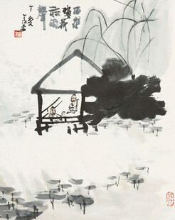 水墨湖畔小屋图