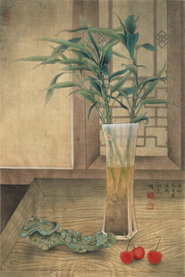 中式花瓶绿植静物摆拍