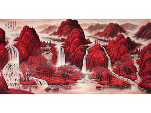 红色山水国画景观