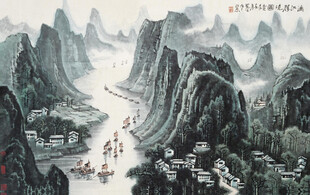 水墨山水间的江上行舟图