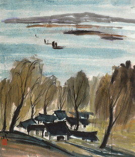 湖畔村落风景油画