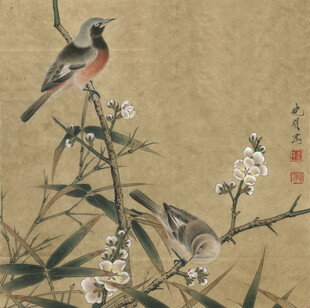 古画中栖息花枝的双鸟