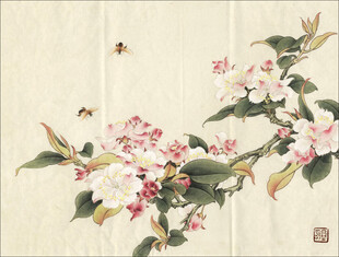 国画花卉枝头蜜蜂飞舞