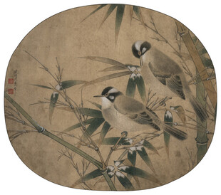 古画中双鸟栖于竹枝间