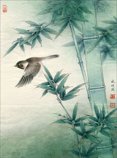 竹间飞鸟图