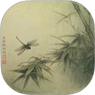 水墨蜻蜓栖于竹叶间